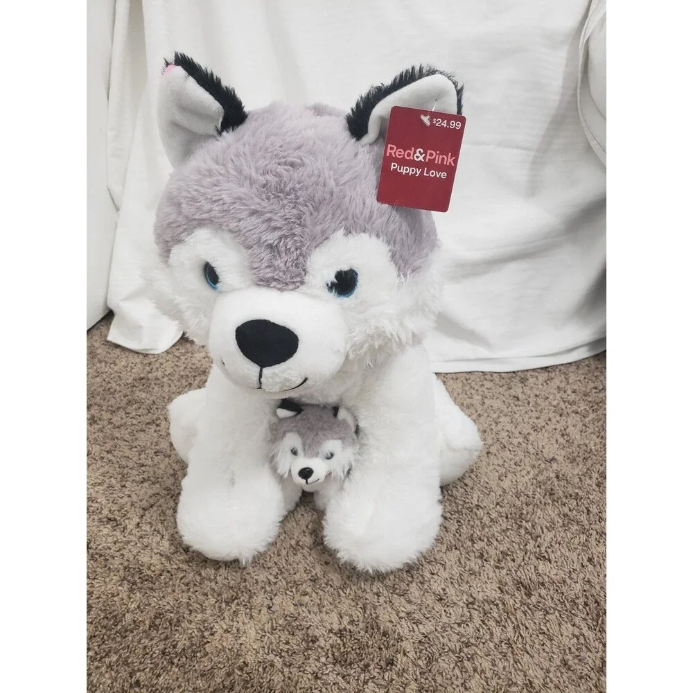 Red & Pink Puppy Love Stuffed Husky Dog with Baby Pup Plush Toy